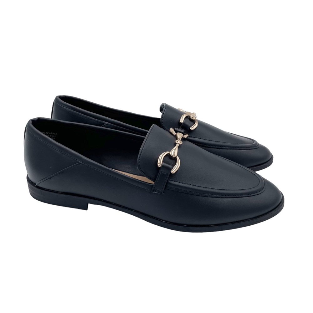 LOFT Horsebit Loafers Black Faux Leather Gold Hardware Shoes Women's Size 8.5 - Picture 1 of 11
